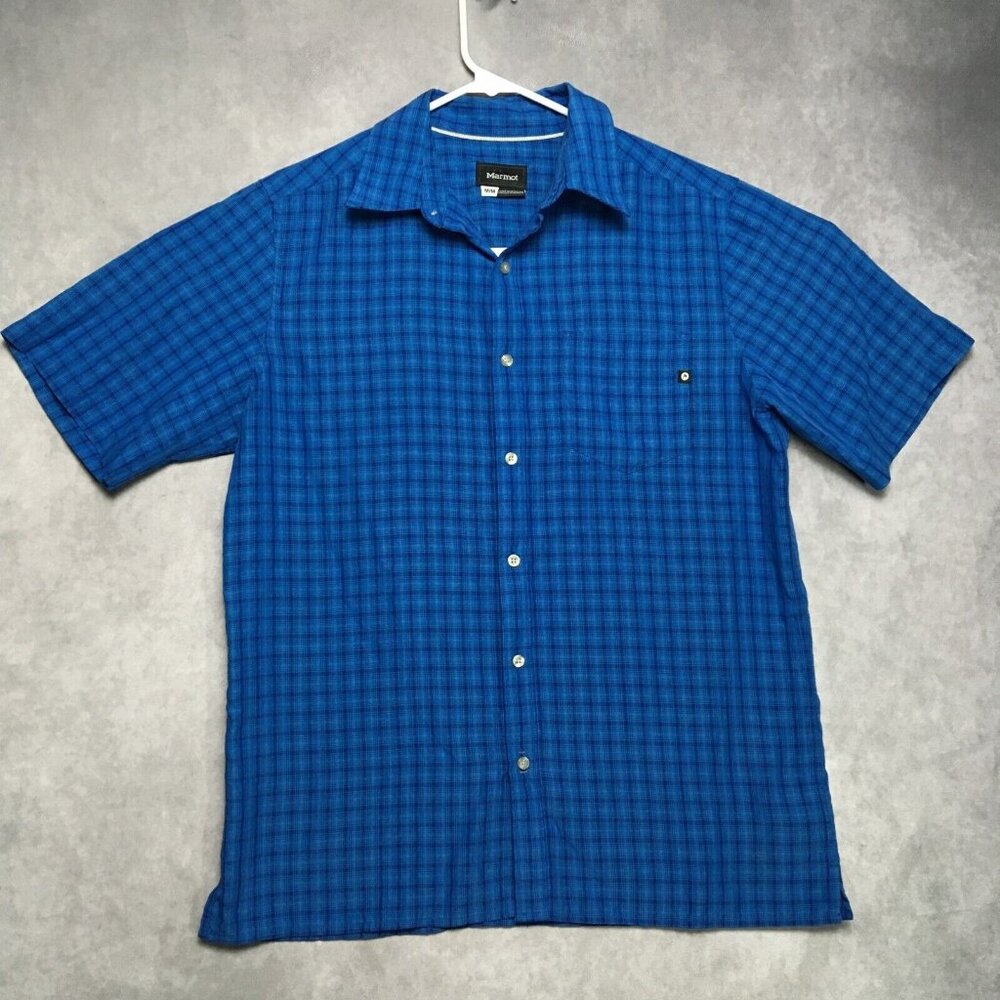 Marmot Mens Shirt size Medium Short Sleeve Button Up Blue Plaid Pocket Polyester